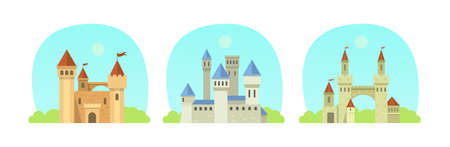 Castle medieval tower set. The fairytale medieval tower, facade mansion princess castle, fortified palace with gates, fabulous king citadel, medieval buildings, historical towered house cartoon vectorのイラスト素材