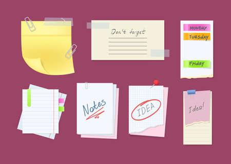 Paper notes on stickers, reminders notepads, memo messages torn paper sheets attached with transparent tape. Office torn pieces for write short notes, messages of meeting reminder, to-do list vectorのイラスト素材