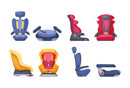Baby child car seats for various age groups 0,1,2,3 child, infant, newborn baby. Armchairs for safe movement in vehicles, car type of child restraint, seat, support cushion, booster cartoon vectorのイラスト素材