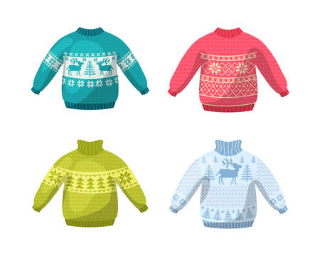 Cute winter warm knitted sweaters set. Christmas sweaters with festive winter year ornaments deer, snowman, spruce cartoon vector illustration. Wool knitting winter clothesのイラスト素材
