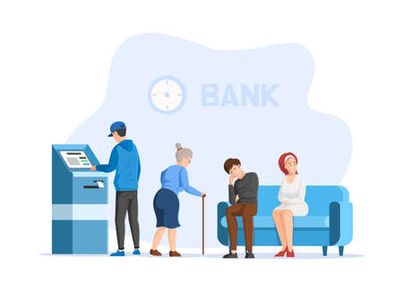 People waiting for appointment at bank office room. Man, woman sitting on couch, taking ticket at queue management system machine, visit financial consultation center with waiting room receptionのイラスト素材