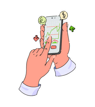 Collection human hands holding smartphones with applications buying order online purchase. Set of people choosing service or trading application selling and buying shares use mobile phone flat vectorのイラスト素材