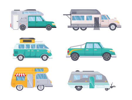 Camping caravan cars for travel adventure. Camper, motorhome, van, home family car, camping trailer transport recreational vehicle. Tourism transport for holiday trip, nature vacation cartoon vectorのイラスト素材