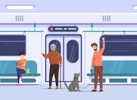 Crowd of people go by public transport metro. Passengers inside city bus subway train. Woman reading book, man with pet at train interior. Elderly man prepares to leave cartoon vectorのイラスト素材