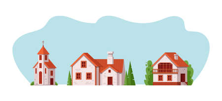 Different rural buildings. Rural landscape building of bricks and wooden architectural construction for living or manufacturing. Exterior of countryside cottage dwelling, church, house cartoon vectorのイラスト素材
