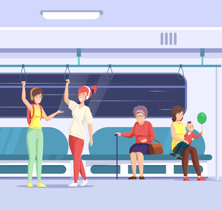 Crowd of people go by public transport metro. Passengers inside city bus subway train. Woman elderly children at train interior communicate, talk, reading book. Urban commuting vehicle vectorのイラスト素材