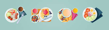 Morning healthy food top view. Set classic breakfast dish with beverage. Appetizing serving avocado toasts, coffee and pancakes with butter, eggs, sandwich, oatmeal, sausage and fish cartoon vectorのイラスト素材