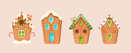 Collection different cute gingerbread christmas winter houses. Set of holiday candy cookies in buildings shapes. Sweet baking dessert village cottage covered by snow icing on roofs vector illustrationのイラスト素材