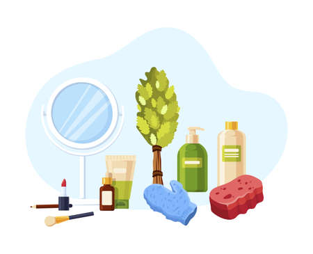 Bath and sauna accessories cartoon set. Accessories for sauna, spa treatments, hygiene products. Birch broom, washcloth, mirror, makeup products, gel, shampoo cartoon vectorのイラスト素材