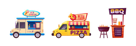 Food market. Set of street tent, car, truck, van selling fruits, bread, pizza, cheese, ice cream,, hot dog, bbq. Outdoor trade fast food cartoon vectorのイラスト素材