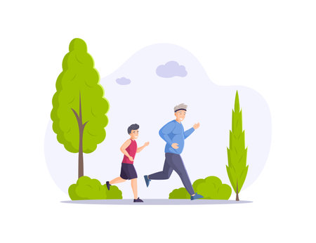 Grandfather and grandson running together at summer forest park. Family enjoying sports outdoor activity and healthy lifestyle. Elderly man and boy spending time practicing morning jogging flat vectorのイラスト素材