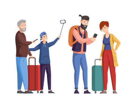 Happy travel family arrived at airport terminal photographing together and shooting selfie. Passengers elderly grandson with luggage at international airport relaxing enjoying summer vacation vectorのイラスト素材