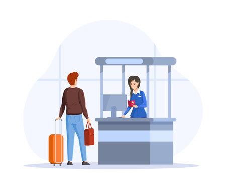 Man with luggage suitcases in queue to flight attendant behind airport check in counter, verification of documents for flight across border. Tourist before to flying departure at airport interiorのイラスト素材