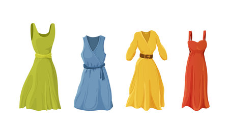 Collection of elegant summer female dresses. Set of different feminine fashion apparel wardrobe. Ladies seasonal street style garment for daily wear, office, party, evening or event cartoon vectorのイラスト素材