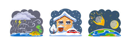 Natural disasters tropical cyclones, falling meteorites and heavy snowfall. Tornado and tropical rainstorm with strong wind breaks trees. Snowy winter, snow covered houses and cars cartoon vectorのイラスト素材