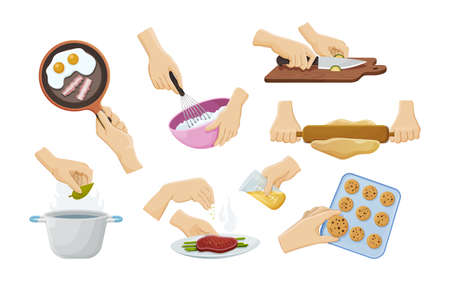 Collection human hands preparing food. Cooking utensils with soup, eggs, meat, roll out dough, beat cream, cutting avocado and sprinkle spices. Hands holding cutlery cooking utensils cartoon vectorのイラスト素材