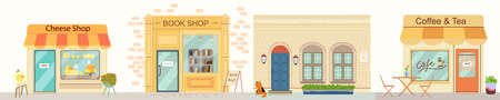 City shop buildings facade. Collection of store cheese, book shop, coffee and tea, house entrance. Small European style store exterior. Public cafe, commercial property, market flat vectorのイラスト素材