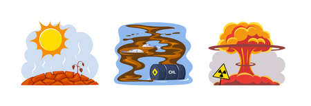 Natural disasters drought, dirty waste, nuclear pollution. Heat causes drought, soil cracking and plant death. Nuclear explosion causes toxic pollution of nature. Oil spill kills fish cartoon vectorのイラスト素材