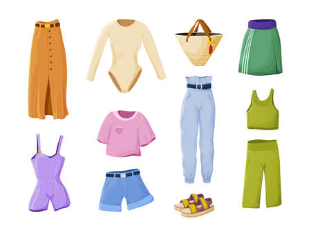 Set of female fashion summer apparel. Feminine clothes or woman wardrobe outfit casual street style. Clothing, accessories dress, shorts, pants, jumpsuit, dress, skirt, shirt, sandals cartoon vectorのイラスト素材