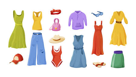 Set of female fashion summer apparel. Feminine clothes or woman wardrobe outfit casual street style. Clothing, accessories dress, jeans, skirt, hoody, swimsuit, bandana, cap, hat, bag cartoon vectorのイラスト素材