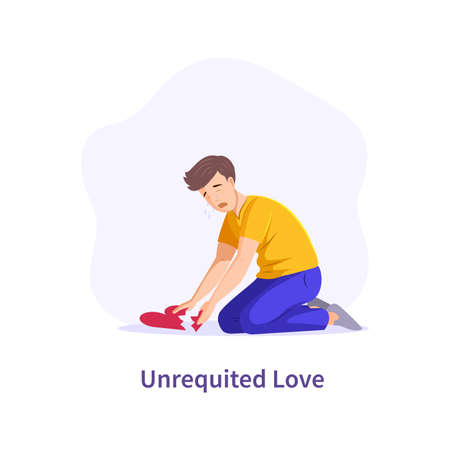 Unrequited love. Crying man picking up pieces of broken heart. Male suffering romance addiction feeling pain no reciprocity. Upset lover having problem in relationship. Betrayal or treason flat vectorのイラスト素材