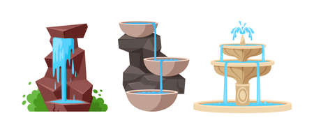 Set of water fountains natural stone, natural geyser waterfalls and water splash. Vintage modern architecture decor with splashing drops. Outdoor park decoration with architectural elements vectorのイラスト素材
