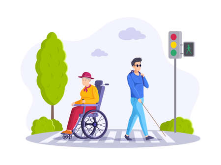 Two disabled people walking crossing avenue road. Blind male and elderly woman in wheelchair at crosswalk traffic light. Collection of elderly and young disabled people cartoon vectorのイラスト素材