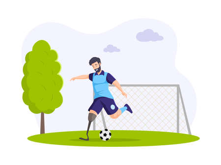 Disabled male football player with amputated leg. Athletic champion playing sport game for handicapped hitting to ball near gates. championship outdoor competition at park flat vectorのイラスト素材