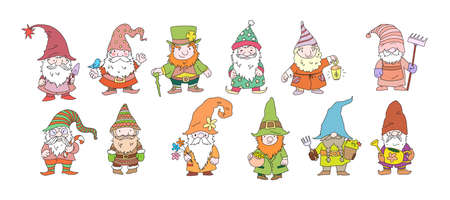 Cute gnome characters. Set of festive dwarfs with attributes fairy tale decoration. Funny festive fabulous elderly man with gray haired beard. Christmas gnomes, leprechauns for Patrick day flatのイラスト素材