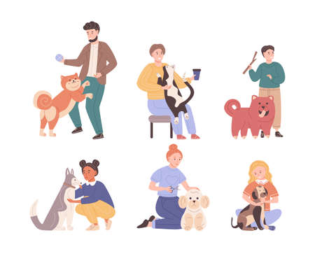 Set of different people pet owners. Diverse man woman children spending time with domestic animals. Playing, hugging, cutting, feeling love to cats and dogs. People and dogs friendship cartoon vectorのイラスト素材
