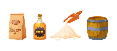 Set of cane sugar. Sugarcane products. Cane sugar lumps and cube, glass bottles of rum, rum alcoholic liquid, package with cube and dry loose delicious carbohydrate cartoon vectorのイラスト素材