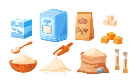 Collection of cane sugar. Sugarcane products. Growing sweet plants on plantation. Manufacturing packaging natural organic harvest. Package with cube and dry loose delicious carbohydrate cartoon vectorの素材 [FY310171942172]