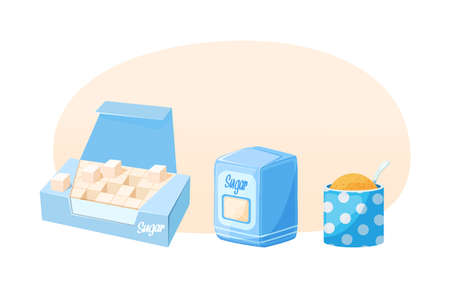 Set of cane sugar. Sugarcane products. Growing sweet plants on plantation. Cane sugar lumps and cube, package with cube loose delicious sweet food cartoon vectorのイラスト素材