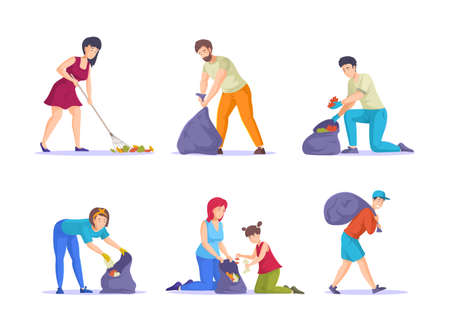 Set of diverse people clean up garbage. Man woman children volunteers cleaning from waste, pickup into bags and containers. Waste collectors team and families collecting trash together cartoon vectorのイラスト素材