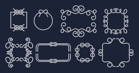 Set nautical rope knots borders of sea water transport. Marine style frames decorative elements thin line. Vintage decor for memory card, photos, covers, flyers, banners, poster, prints vectorのイラスト素材