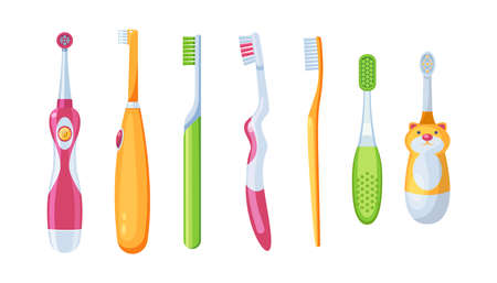 Collection toothbrush. Dental cleaning tools for children and adults. Electrical and manual tooth hygienic equipment. Dentistry oral protect with handle bristle. Teeth health and beauty vector cartoonのイラスト素材