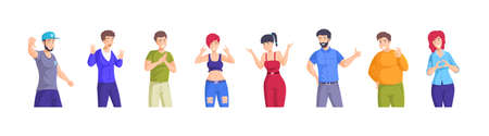 People showing different gesture. Man woman performing emotional expression with hands, negative positive emotions. Person demonstrate sing ok, don't know, thumbs up and down, rock, hand heart vectorのイラスト素材