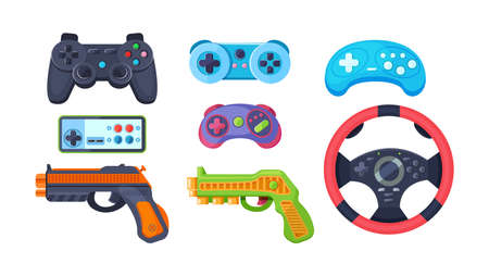 Collection of different game joystick. Gaming equipment digital technology device with buttons. Gamer console with display, pistol, steering wheel for cyber augmented reality entertainment flat vectorのイラスト素材