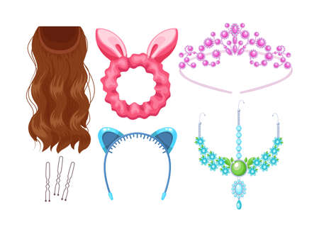 Set of feminine hair accessories. Items for woman hairdo styling. Hair band, bridal hairpin, invisible, crown, false hair, hairpiece. Care clip hairline fashion accessories vectorのイラスト素材