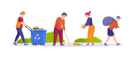 Set of diverse people clean up garbage. Man woman children volunteers cleaning from waste, pickup into bags and containers. Waste collectors team and families collecting trash together cartoon vectorのイラスト素材