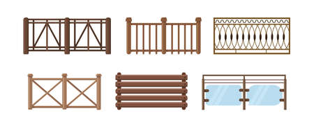 Set of wood balcony railing. Vintage modern home balconied facade or door entrance into private territory, terrace fences. Wooden or glass and stone construction for fencing territory vectorのイラスト素材