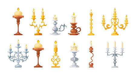 Retro candles in candlesticks set. Retro vintage candle holders, chandelier and candelabrums with burning flames and decorative yellow bronze and silver. Household and church items cartoon vectorのイラスト素材