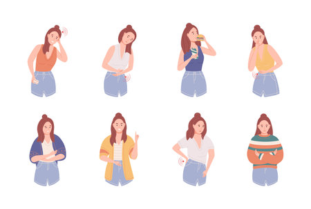 Set of female behavior suffering from premenstrual syndrome. Different symptoms of menstrual cycle headache, mood swings, anger, small of the back and abdominal pain, gluttony. PMS flat vectorのイラスト素材