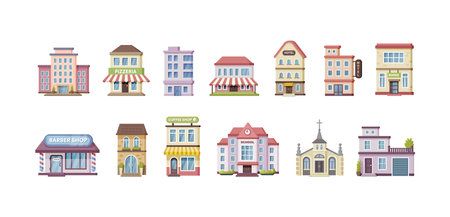 Colored urban government, private and municipal building set. Different public place city architecture facades with windows and doors. Apartment house, hotel, library, store, cafe cartoon vectorのイラスト素材