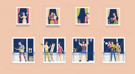 People spending time on balcony or looking at window. Neighbor person at residential apartment. People doing sports, drawing, playing guitar, talking, hugging. Stay home quarantine cartoon vectorのイラスト素材