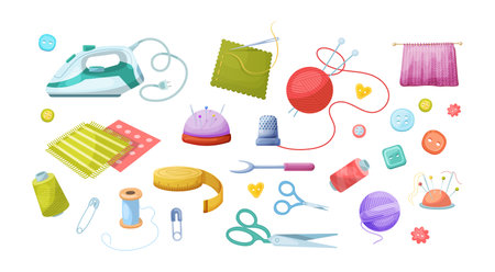 Needlework tools set. Supplies for craft hobby, knitting, embroidery. Handmade Kit for sewing, cross stitching, iron, scissors, buttons, wool, knitwear, yarn, wool, knitwear, yarn, meter, thimbleのイラスト素材