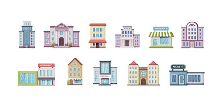 Colored urban government, private and municipal building set. Different public place city architecture facades with windows and doors. Apartment house, hotel, library, store, cafe cartoon vectorのイラスト素材