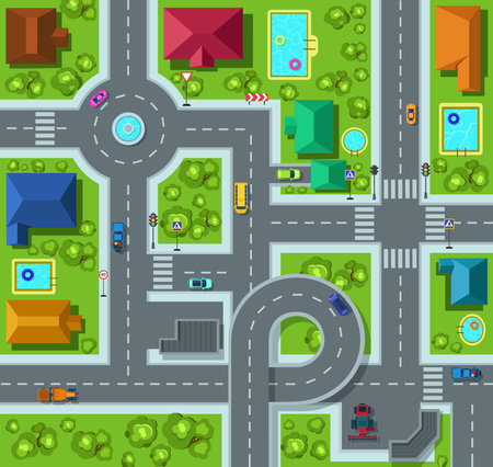 City roads and traffic streets, houses, and cars top view. Modern town infrastructure map with transportation buildings. Urban landmark from above. Suburban cityscape lifestyle aerial cartoon vectorのイラスト素材
