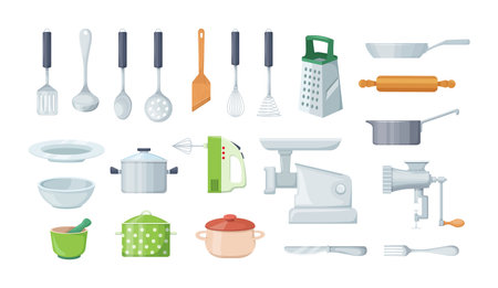 House cookware utensils for cooking, metallic and ceramic kitchen crockery. Kitchenware cooking objects, equipment for cooking, cups, dishes, bowls, knives, cutlery, pots, meat grinder vectorのイラスト素材