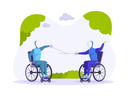 Two disabled people wearing protective suits fencing sitting in wheelchair. Disable handicap sport games with stick. Competition exercise for invalid person with paralyzed legs at park cartoon vectorのイラスト素材